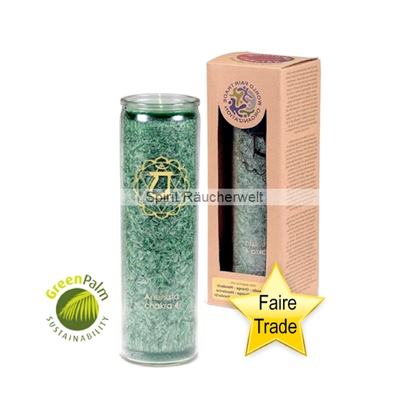 4. Chakra Kerze grün im Glas mit naturreinen äth. Ölen - faire Trade und GreenPal zertifiziert